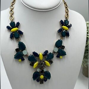 J. Crew Crystal Floral Teal Indigo Yellow Multi-Color Statement Bib Necklace
